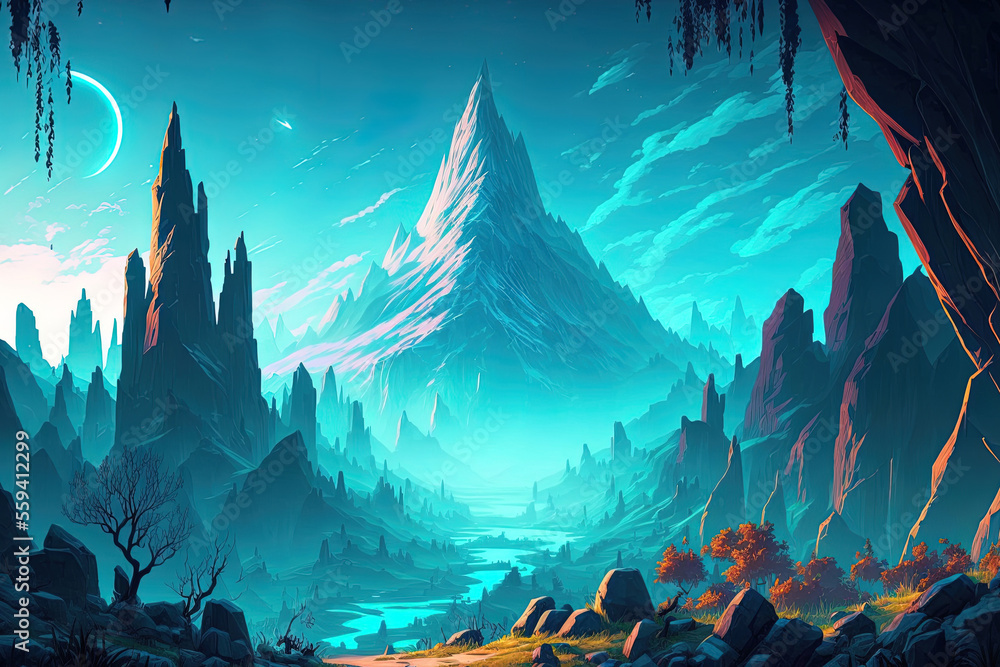 Wall mural fantasy game breathtaking mountains loop in the mountains with nature. generative ai