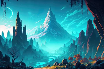 Rolgordijnen fantasy game breathtaking mountains loop in the mountains with nature. Generative AI © 2rogan