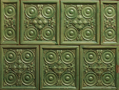 Beautiful Ceramic Glazed Tiles Texture From A Vintage Apartment Stove, Green Ceramic Tile Background On The Stove For Heating