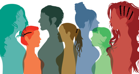 A profile of a female and her social network community. Communication and information sharing group for multi-ethnic and international women and girls. Diversity in friendship. Flat vector