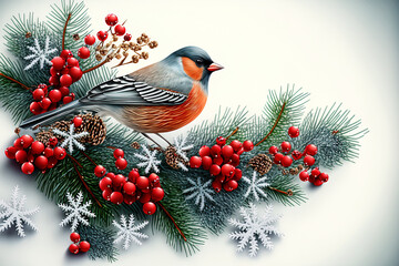 Christmas background with handcrafted red berries and a new year's decoration with a bullfinch bird. Generative AI