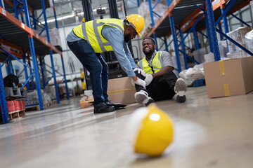 African american working in warehouse got accident from carry box, forklift truck working near by