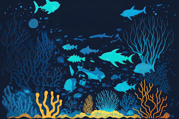 Fototapeta na wymiar Background of the ocean. Landscape of marine life. world beneath the ocean. people who live in the ocean. outline of the ocean floor. undersea marine life. Background with a sea, bottom, and underwate
