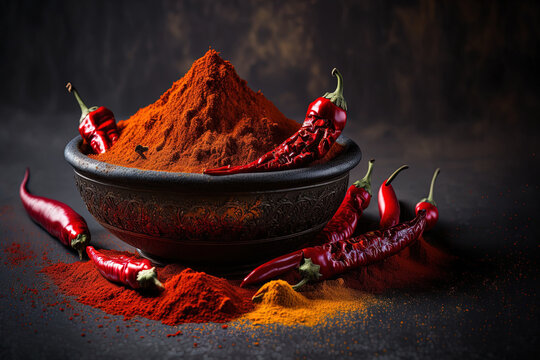 Red chillies, lal mirchi, or mirch with powder in a bowl or mortar with a dark backdrop and selective focus. Generative AI