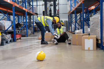 African american working in warehouse got accident from carry box, forklift truck working near by