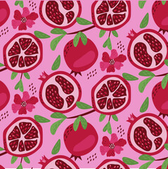 Pomegranate pattern. Whole and pieces of  garnet fruit with seeds flat vector