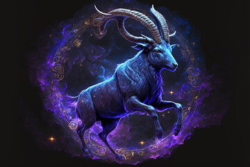 Graphic of goat. capricorn horoscope sign in twelve zodiac with galaxy background.  (ai generated) - obrazy, fototapety, plakaty