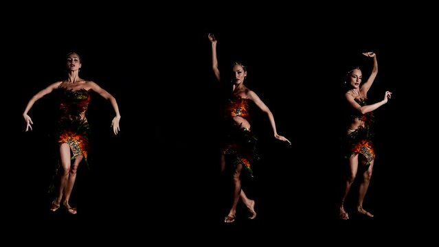 Collage of a dancing graceful woman in an extravagant costume on a black background