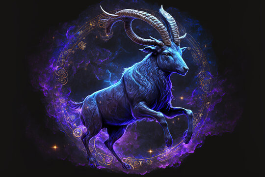 Graphic of goat. capricorn horoscope sign in twelve zodiac with galaxy background.  (ai generated)