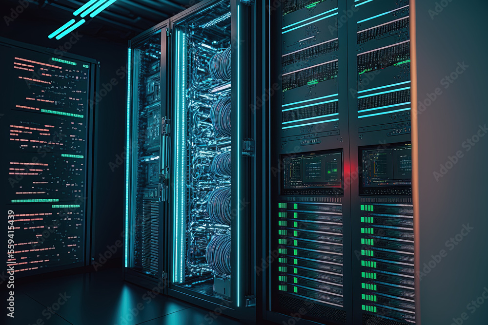 Poster network security server room data center computer racks for mining cryptocurrency. generative ai