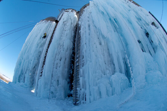Ice Climbing on farm silos in Iowa
