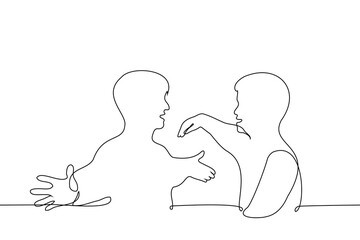 two men reach for each other for hugs - one line drawing vector. concept meeting friends