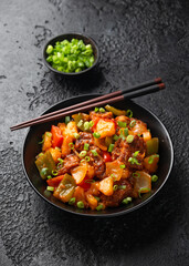 Sweet and Sour Pork with bell pepper, pineapple, spring onion