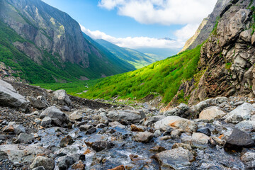 Beautiful view of the rocky mountain river in the North Caucasus gorge. Russia
