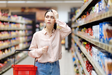 Portrait of young shocked caucasian woman holds cart and takes hand to head. Showcase at background. Person forget to buy something. Concept of shopping in supermarket and consumerism