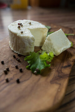 Close-up of cheese and lettuce leaf, Germany