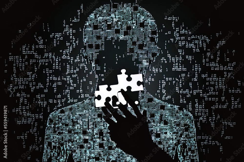 Poster silhouette of a hands holding a jigsaw puzzle piece with binary background. generative ai