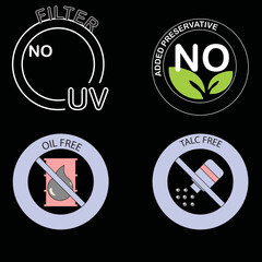 vector icons for No UV filter, No added preservatives, Oil free, Talc-free