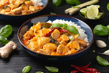 Thai red curry with chicken, vegetables and rice