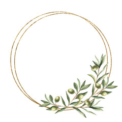 Watercolor hand painted nature circle frame with green olive branches bouquet and golden for invite and greeting card