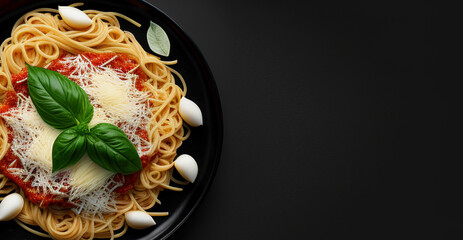 Spaghetti with black plate. top view. Generative AI