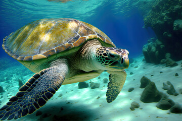 Fototapeta premium Swimming in the Mediterranean Marine is a sea turtle. Generative AI