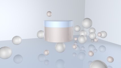 3d render. A jar of cream or cosmetic care product among round balls. Gentle light background. Small bubbles or drops around the package. Beauty and health.