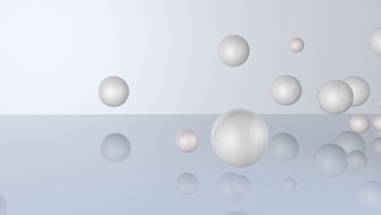 3d render. Lightweight balls or spheres hover in the air and are reflected on the mirrored floor. Brilliant light silver color. Pearls or beads.