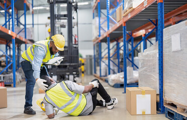 African american working in warehouse got accident from carry box, forklift truck working near by
