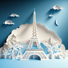 Fototapeta na wymiar Symbol of Paris landmark eiffel tower in paper cute, AI Generate