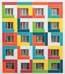 Colorful windows on building.