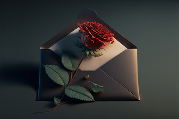 Blank letter envelope next to red rose, top view, Generative AI