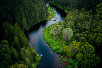 Arthur River at Tarkine Forest in Tasmania, Australia, as seen from above. Generative AI