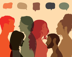 Group of people from diverse backgrounds engaged in dialogue. Conversations and profiles in a crowd. Vector Illustration. An example of a speech bubble and communication between people. 