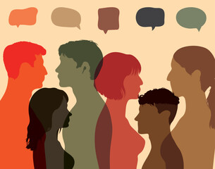 Let's talk in the community. The concept of communication and chatting with friends. Vector Illustration. Meeting and networking with a diverse group of people. Speech bubbles. 