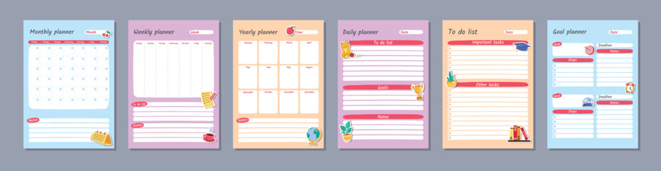 Set of kid planners pages. Daily, weekly, monthly, yearly, and goal planner templates. Planner for a school. Vector illustration