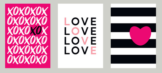 XOXO - Valentine's day concept posters. Vector illustrations. Happy Valentines Day greeting cards