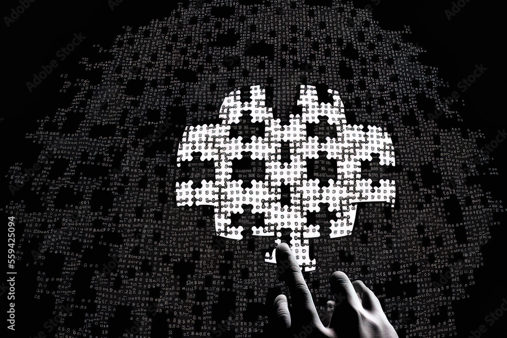 Poster silhouette of a hands holding a jigsaw puzzle piece with binary background. generative ai