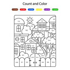 Houses line drawing coloring page with math quiz puzzle. Count and color preschool children activity.