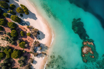 Aerial image of the blue water at Kalamaki Beach, Greece's south shore of the Athens Riviera, in the summer. Generative AI - obrazy, fototapety, plakaty