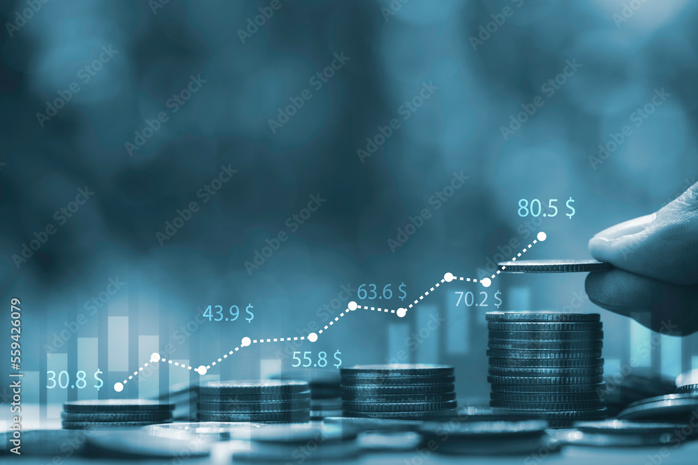 Poster hand stacking increasing coins with graph chart for increase financial interest rate and business in