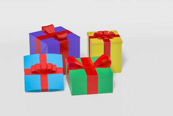 4 Wrapped Gift Packages on Neutral White Background - 3D Rendering. Perfect for Holiday or Celebration Theme.