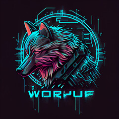 Wolf logo in style of cyber punk, futuristic neon logo with wolf, generative ai