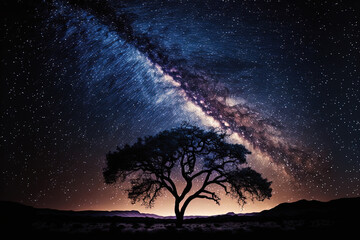 lovely Milky Way galaxy in the night sky with a tree silhouette. Generative AI