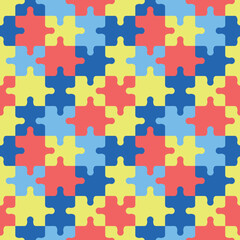 Autism puzzles pattern. Seamless background with colorful yellow, blue and red puzzle pieces. World Autism Awareness Day April 2. Vector illustration
