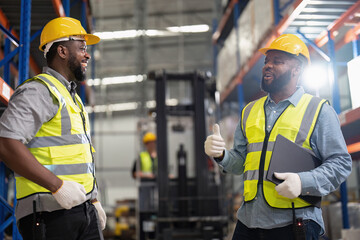 African american working in warehouse hold stock check list while truck loading carton box near by