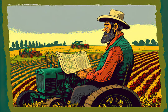 A vibrant and breathtaking depiction of a shemita farmer learning from the Torah in a field during the seventh year. Generative AI