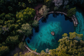 Aerial shot of Cenote Azul in the woods taken on January 15, 2018, in Yucatan, Quintana Roo, Mexico. A cenote located in the bush has pure water where people may swim. Upper View. Generative AI - obrazy, fototapety, plakaty