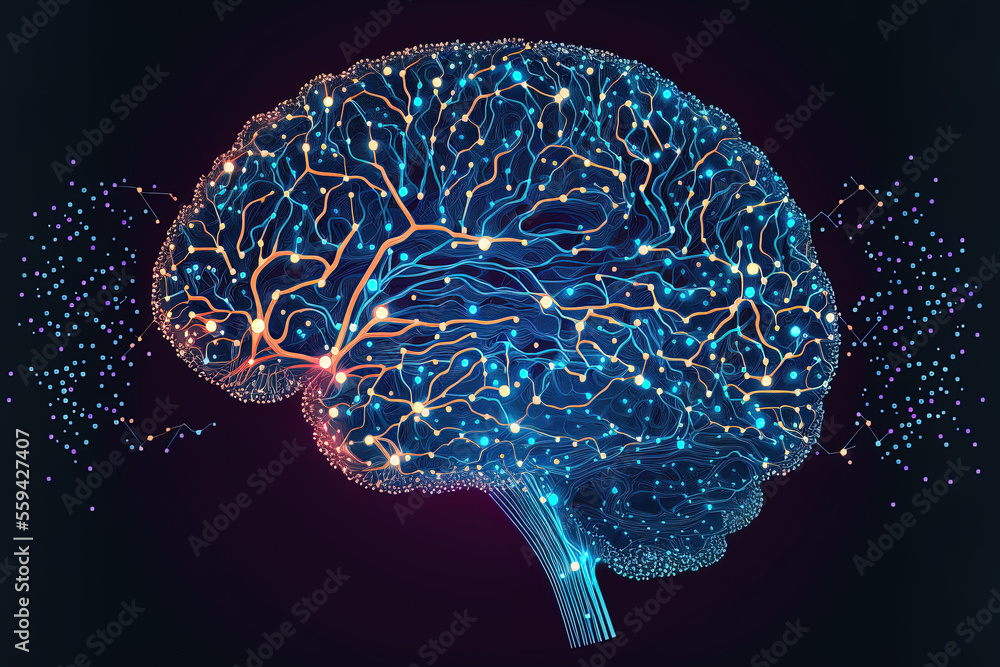 Poster spread of digital brain connections. artificial intelligence and the idea of neural networks. concep