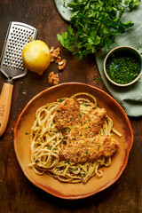 Crispy chicken wallnits and parsley pasta